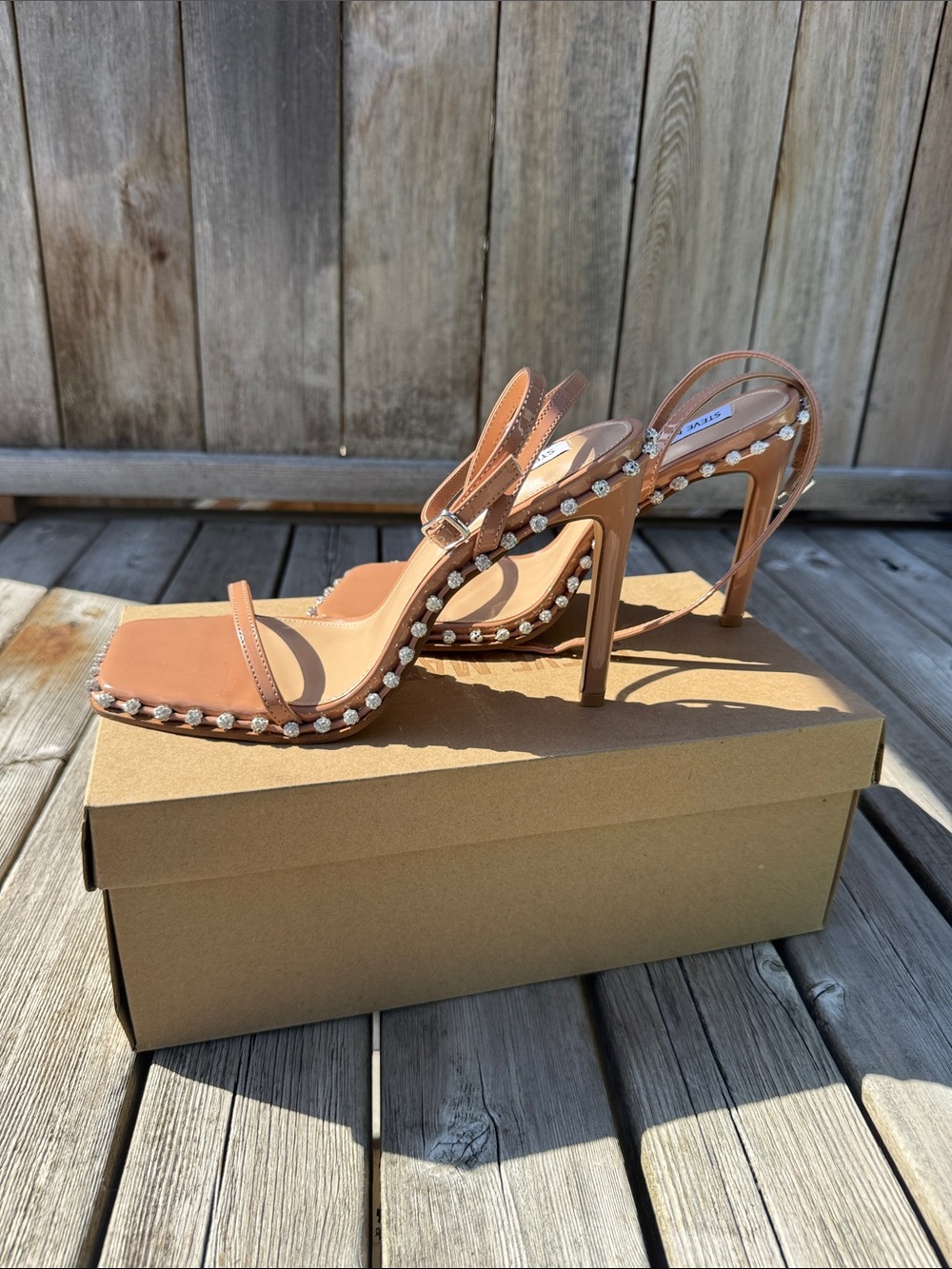 Steve Madden Zelle Nude/Tan Jeweled Strappy Stiletto Sandals